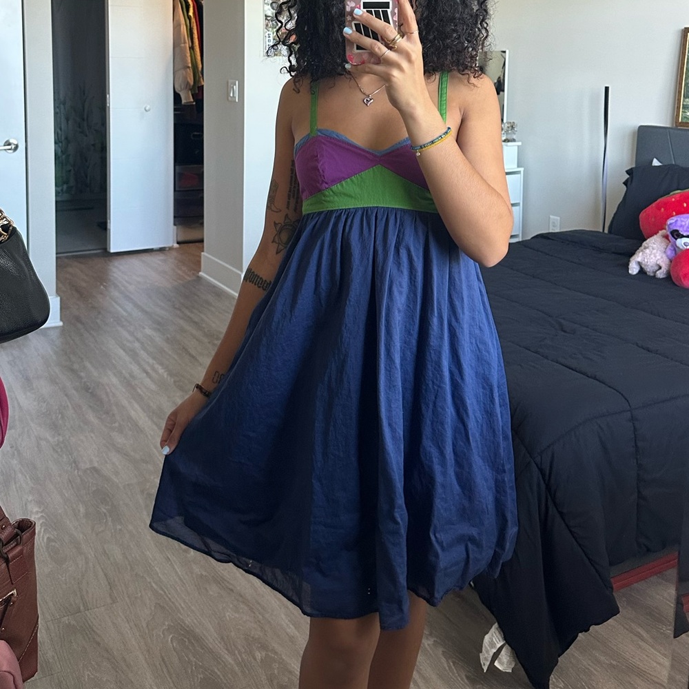 Tara Jarmon Vintage Navy and Purple Colorblock Summer Midi Dress